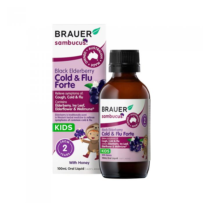 Brauer Sambucus Black Elderberry Kids Cold & Flu Forte With Honey Oral Liquid 100ml - Click Image to Close